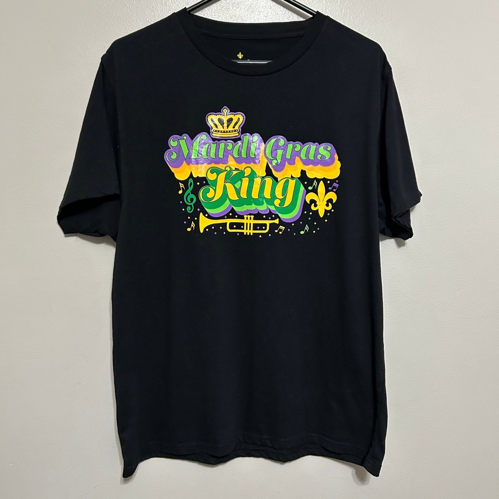Mardi Gras Graphic T-Shirt Men XL Black King Crown Trumpet NOLA Carnival Jazz